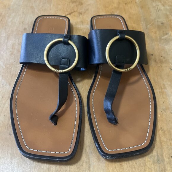 Frame Le Brentwood Black Leather Flip Flop Thong Sandals Size 39 US/8.5-9 - Picture 1 of 8